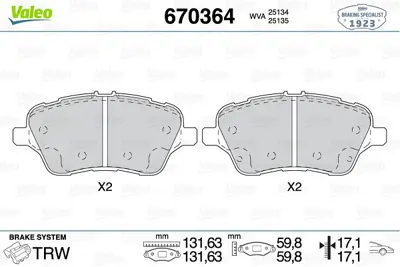 VALEO 670364 Fren Balatası Ön AY11/2K021/CA