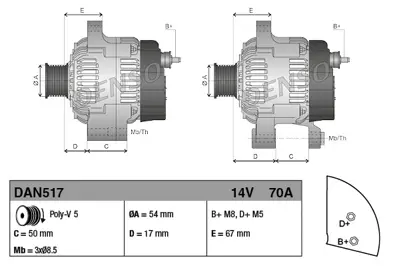 DENSO DAN517 Alternatör 46542889, 46843091, 51709133, 51714794, 51859037, 71784028, 52003531, 71793972, 5174794, 71721122