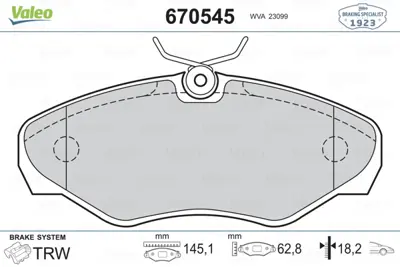 VALEO 670545 On Fren Balatası Trafıc Iı Dcı 100 2,0 Dcı 80 (03 / 01 ) Vıvaro 1,9dtı,1,9dı,2,0 16v (08 / 01 ) 