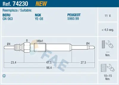 FAE 74230 Kızdırma Bujısı P407 P607 P807 C8 C5 Iı C5 Iıı C6 C Crosser Dw12ted4 (2.2hdı 16v) Ford Mondeo Iv 07> 5960A0 9652548280 1427905 MN982294 MN982402 1607271880 1610429880 1616060180 5960G6 596099
