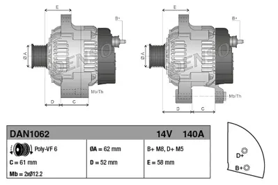 DENSO DAN1062 Alternator 12v 140a Alfa 159 1,9jtd Bravo 1,6d Croma Sedıcı 1,9d 71746673 3140079J00 71789538 73501591 71769230 71789539 71792056 71792057 71792058 3140079J00000