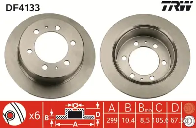 TRW DF4133 Fren Diski Arka Korando 97> Musso 97>05 Düz 299mm 4840105100 4840105101 4840105110 4840109000 4840109001 480105101 MR334996 58411A6200 4840105103X 4144134000