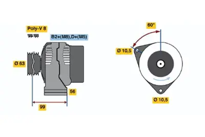 BOSCH 0 124 615 029 Alternator 8120 01.2002 ; 8520 01.2002 ; 8420 01.2002 ; 8220 01.2002 ; 8320 01.2002 