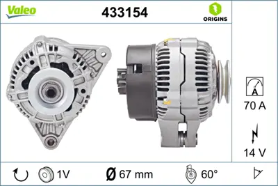 VALEO 433154 Alternator 12v 70a Berlıngo Saxo Xsara P106 P306 Partner 1,1 / 1,4 / 1,6 16v 03> 5705JS 96050629