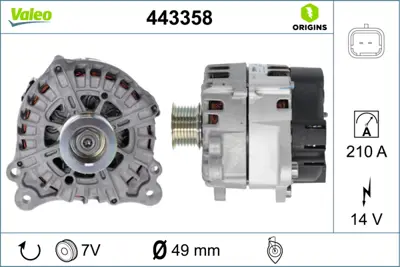 VALEO 443358 Alternator 14v 210 A 7 Kanal Kasnaklı  Espace Iv 8200477100