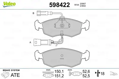 VALEO 598422 On Fren Balatası Doblo 00> Palıo Weekend 1,2,1,6 16v,1,9d 02 / 01> 9949125