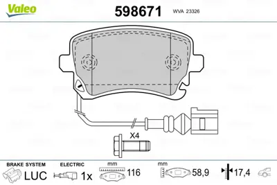 VALEO 598671 Arka Fren Balatası (Fıslı) Transporter T5 / T6 1,9 / 2,0 / 2,5tdı 03>16 JZW698451K