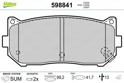VALEO 598841 Arka Fren Balatası Carens 1,8 16v Abs Lı 2000 2002 Clarus 1,8 2,0ı 99> Shuma 1,5 1,8 K9A02628Z