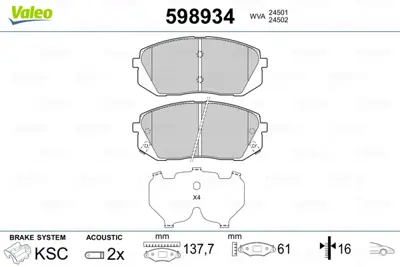 VALEO 598934 On Fren Balatası (Tk) Carrens Iıı 2,0 Cvvt / 2,4 Cvvt / 2,7 V6 / 2,0 Crdı 581013RA05