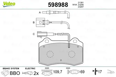 VALEO 598988 On Fren Balatası Fıslı Alfa Romeo Coupe 2.0 20v Turbo 199610 200009; Spıder 3.0 V6 24v 200008 9947643