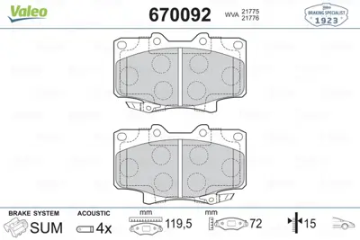 VALEO 670092 On Fren Balatası Toyota Hıace 2.2 Land Cruıser 4.0 4.5 90-97 Runner 90-> 449160180