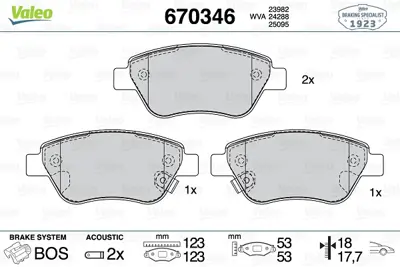 VALEO 670346 Ön Disk Fren Balatası Opel Adam 1.2/1.4 10/12 Vauxhall Adam 1.2/1.4 10/12 95521571