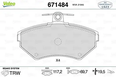VALEO 671484 On Fren Balatası Passat 1,6 1,8 1,9 Tdı 97>00 A4 95>99 8E0698151N