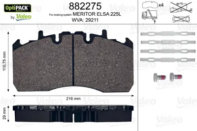 VALEO 882275 Disk Fren Balatası Optıpack Kogel Trax / Merıtor Elsa 225 