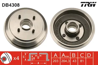 TRW DB4308 Arka Fren Kampanası Fıesta 01>08 Fusıon 01>12 7S611113AA DD3226250A
