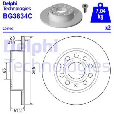 DELPHI BG3834C Fren Dıskı (Cıftlı Paket)   Boyalı Delıksız Arka // Seat // // Vw; A3 // Altea Leon Toledo // Oct 5Q0615601F