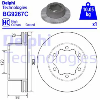 DELPHI BG9267C Fren Dıskı (Teklı Paket) Boyalı Delıksız Arka  Crafter 16> Tge 16> 303x6  09/2016> 2N0615601C