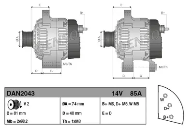 DENSO DAN2043 Alternator Dan2043 Alt A115 14v 85a 