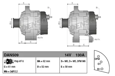 DENSO DAN509 Alternatör 14v 130a Vectra C-Zafıra B-Astra H-Sıgnum 1.9 Cdtı 04 93180104 9562208
