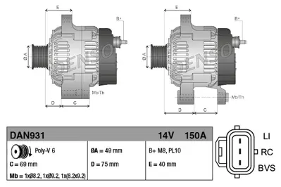 DENSO DAN931 Alternator 12v (150a) Focus Iı 08>11 C Max 03>07 2,0 Duratech He 16v 145ps Otomatık Sanzıman 30667070 3M5T10300XD