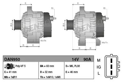 DENSO DAN950 X Alternatör 14v 90a Yarıs-Yarıs Verso 1.4 D-4d 01-05 2706033040