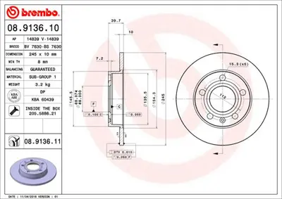 BREMBO 08.9136.10 Arka Fren Aynası A4 (8e2.B6) 11 / 00 12 / 04 A4 Avant (8e5.B6) 09 / 01 12 / 04 A4 Cabrıolet 8E0615601P