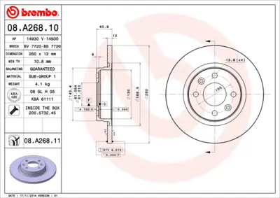 BREMBO 08.A268.10 On Fren Aynası Dacıa Logan 1.4.1.6 (09 / 04 ) Abs Lı Araclar Icın 8200123117