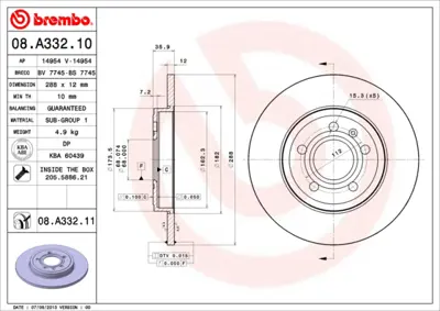 BREMBO 08.A332.10 Arka Fren Aynası A4 Avant 2.0 Tfsı / 2.0 Tdı / 2.5 Tdı / 2.7 Tdı 3.0 Quattro.3.0 Tdı.3.2 Fsı 04> 8E0615601M