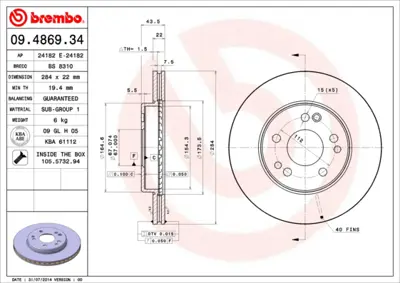 BREMBO 09.4869.34 Fren Dıskı On 190 W201 88>93 C124 87>92 A124 93>98 S124 88>93 W124 88>93 R107 86>89 A1294210312