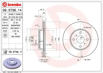 BREMBO 09.5736.14 On Fren Dıskı (Aynası) Havalı Toyota Corolla 1.6 Enjeksyonlu 1992-2003 (Ae100 Ae101 Ae111 Kasa) (255 4351212550 94854148