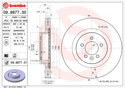 BREMBO 09.8877.30 Fren Dıskı On Range Rover Sport Dıscovery 4  3.0-3.6-4.2-5.0 Havalı 360mm SDB000624