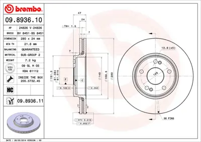 BREMBO 09.8936.10 On Fren Aynası Havalı Laguna (B74) 1.8 16v 1.9 Dcı 1.6 16v 03 / 01> 8671017410