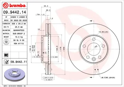 BREMBO 09.9442.14 On Fren Aynası T5 1.9 Tdı 2.5 Tdı 16 Jant 03> JZW615301E