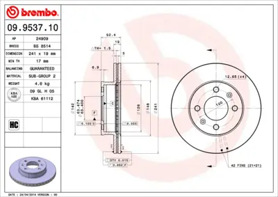 BREMBO 09.9537.10 On Fren Aynası Havalı Accent (Lc) 1.3 (01 / 00 08 / 06).1.5 (09 / 00 10 / 02).1.5 Crdı.1.6 (04 / 02  5171225060