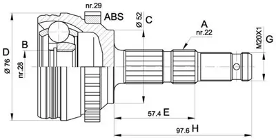 ODM-MULTIPARTS OP 1 1033A Aks Kafası Dış Combo 1.3 16v Cdti 2005-2012 M/At A:22 C:52 B:28 H:97,6 L:54,1 