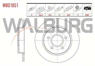 WALBURG WBD1051 Fren Dıskı Arka Duz 5 Bjn 264.8x11x63.5x40.8 Ford Focus Iı1.4i - 1.6 Tdcı -2004-2011/ Focus C-Max 1. 