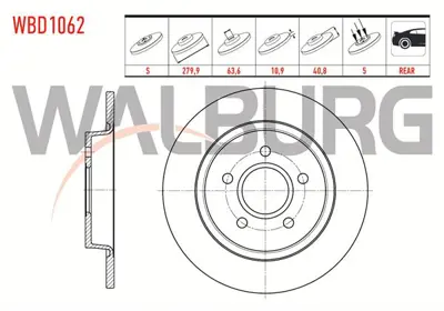 WALBURG WBD1062 Fren Dıskı Arka Duz 5 Bjn 279.9x10.9x63.6x40.8 Ford C-Max I 1.6 Tdcı - 1.6i - 1.4i -2.0i 2007-2011/ 