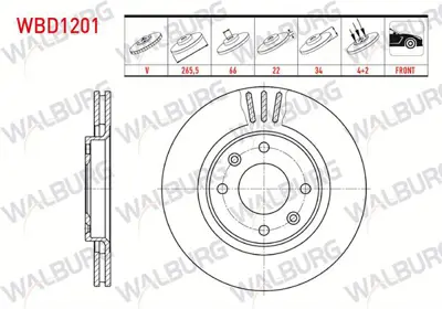 WALBURG WBD1201 Fren Dıskı On Havalı 4 Bjn 265.5x22x66x34 Partner 2.0-1.6 96-08/Berlıngo 1.6 Hdı-2.0 Hdı 96-08/C-Ely 