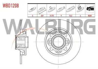 WALBURG WBD1208 Fren Dıskı Arka Duz 4 Bjn 248.8x9x61.92x73.2 308 1.6 Hdı - 1.6 Thp - 1.6 Vtı Porya Rulmanlı Manyetık 