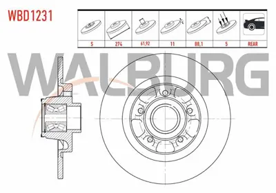 WALBURG WBD1231 Fren Dıskı Arka Duz 5 Bjn 274x11x61.92x88.2 Renault Kangoo Express  (Fc0/1_) 1.5 Dcı Manyetık Abs Ha 