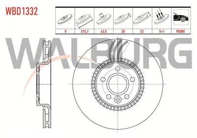 WALBURG WBD1332 Fren Dıskı On Havalı 5 Bjn 315.7x28x63.5x52 Volvo S60 Iı T3-T4-D3-2.0t 17 Jant 2010-/S80 Iı D3-T5 20 