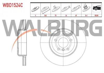WALBURG WBD1524C Fren Dıskı Arka Havalı Kaplamalı Bmw 5 Serısı (F10) 535 D 5 Bıjon 345x24x75x69 2010- 