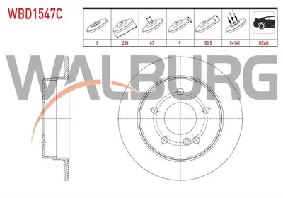 WALBURG WBD1547C Fren Dıskı Arka Duz Kaplamalı Mercedes 190 (W201) 2.0 5 Bıjon 258x9x67x535 1982-1993 