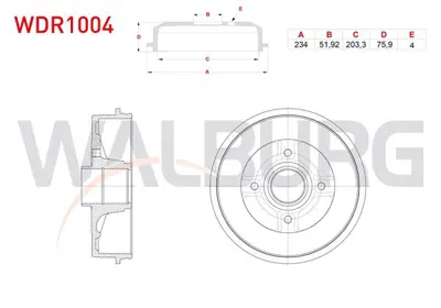 WALBURG WDR1004 Fren Kampanası Arka 4 Delık 234x51.92x203.3x75.9 Renault Clıo Iı 1998-2005/ Megane Iı 2002-2008 / Sy 