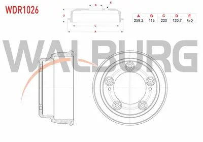 WALBURG WDR1026 Fren Kampanası Arka 5 Delık 259.2x113x220x120.7 Hyundaı H100 Kamyonet 2.5 D 2004- 