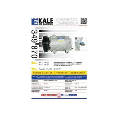 KALE 349870 Klima Kompresoru Qashqaı 1,5 Dcı 2007> Almera 2003> Megane Iıı 1,4 16v 1,6 16v Megane Iı Scenıc Iı G 