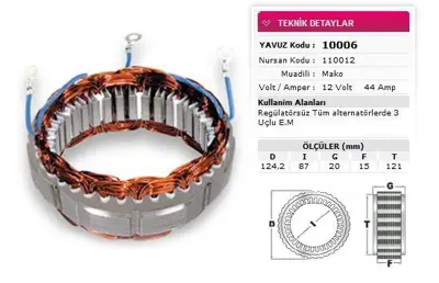 YAVUZ 10 006 Stator Mako Tıp 12v 44a 3 Uclu Em Nursan 110012 