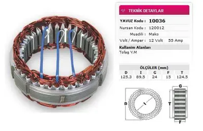 YAVUZ 10 036 Stator Mako Tıp 12v 55a Tofas Ym Nursan 120012 
