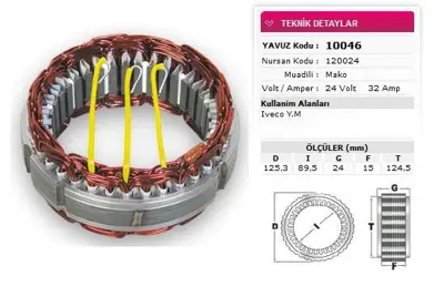 YAVUZ 10 046 Stator Mako Tıp 24v 32a Iveco Ym Nursan 120024 