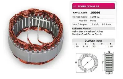 YAVUZ 10 066 Stator Mako Tıp 12v 85a Palıo Sıena Weekend Albea Multıjet Opel Corsa Nursan 120112 